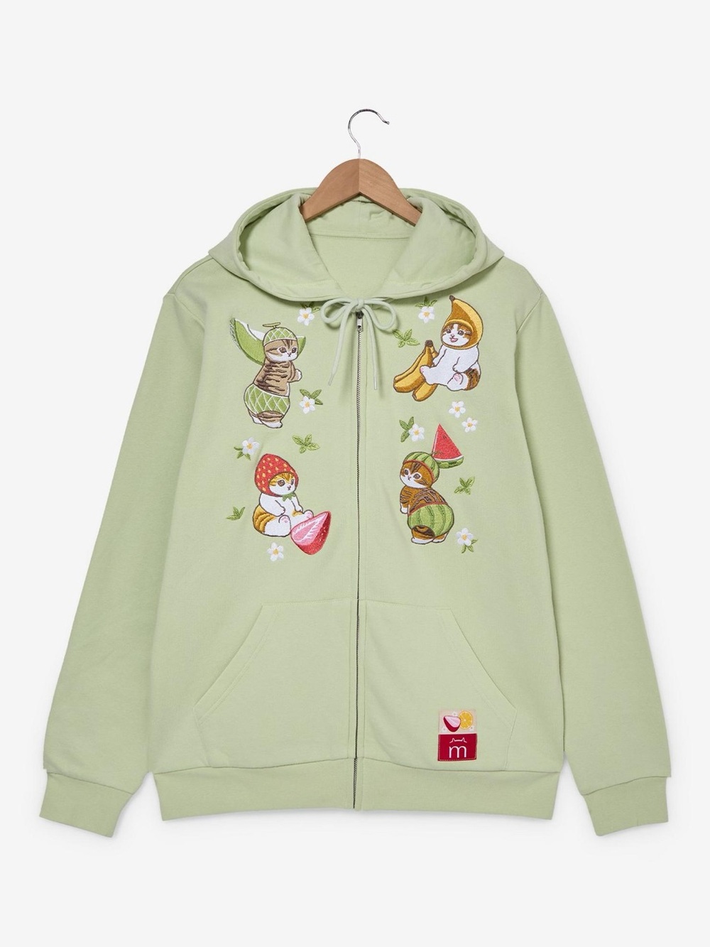 Mint Green Zip Hoodie with Playful Fruit Cat Embroidery